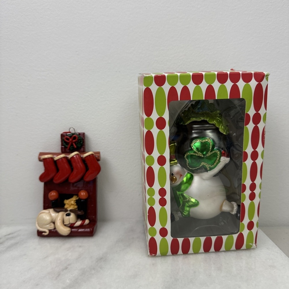 Two vintage ornaments Snowman and stocking chimney